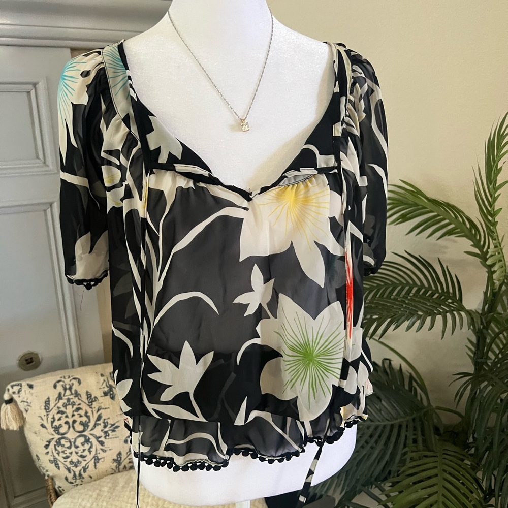 Vintage Tropical Floral Sheer Blouse Size S